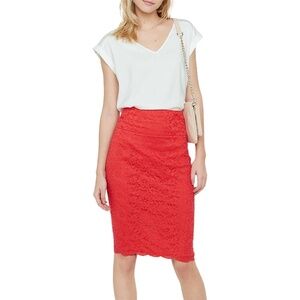 Express Red Lace High Waisted Midi Pencil Skirt NWT